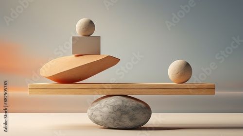 Primitive elements in balance . Confidence and impossible balance concept . This is a 3d render illustration . photo