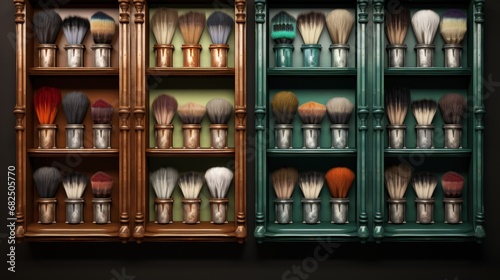 ajar doors of a vintage cabinet, where brushes for applying shaving foam stand in a row on a shelf