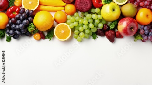 Healthy eating concept  assortment of rainbow fruits and vegetables  berries  bananas  oranges  grapes  broccoli  beetroot background on white table arranged in rectangle  top view  selective focus
