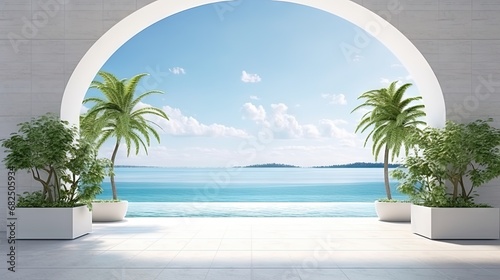 Concrete floor terrace and white ventilation block wall in luxury hotel or beach house. 3d rendering of arch gate near green grass lawn with sea view.