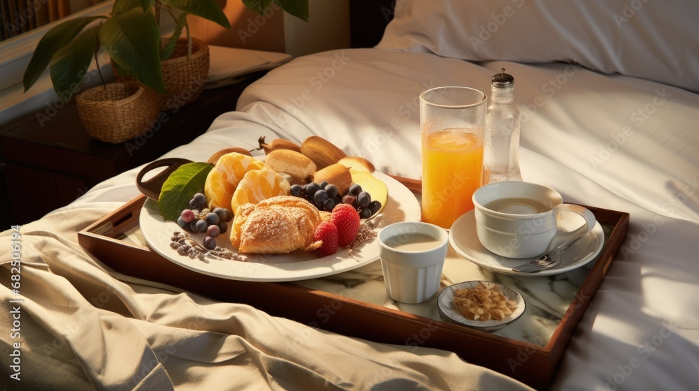 tray of breakfast in bed at a hotel room service vertical