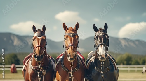 Three hobby horses are waiting for the riders. Equestrian sports. Equestrian equipment. Sports. Summer. The sun. Banner. Outdoors. Close-up photo