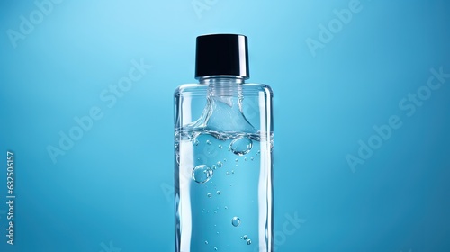micellar water, in a clean package without inscriptions on a gray-blue background, face tonic, makeup remover