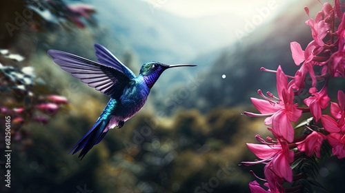 Hummingbird violet Sabrewing, big blue bird flying next to beautiful pink flower with clear blue violet forest nature in background. Tinny bird fly in jungle. Wildlife in tropic Chiapas. Mexico. photo