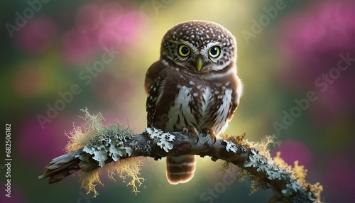 Northern Pygmy-Owl Perched. Captivating image of a Northern Pygmy-Owl perched on a mossy branch. Its yellow eyes and speckled brown plumage stand out against a softly blurred background. photo