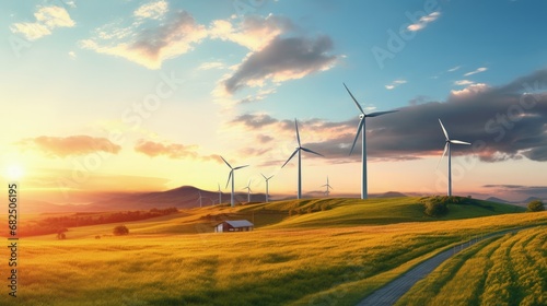Wind Turbines Windmill Energy Farm. Green ecological power energy generation. Alternative energy plant. Windmill in a rural area during sunset. Panoramic view of wind farm or wind park.