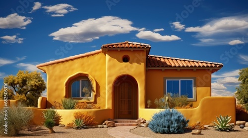 New ranch, gold and mustard yellow stucco home in Tucson, Arizona, USA with beautiful blue sky and landscaping.
