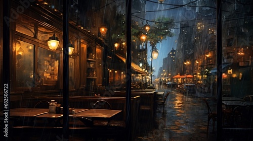 an image of city lights through the window of a bustling cafe on a rainy night
