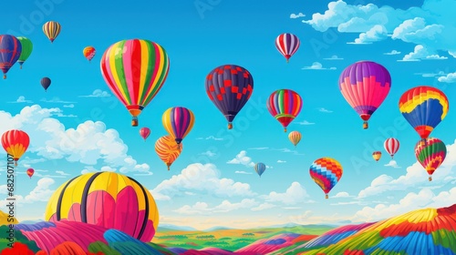  a painting of many colorful hot air balloons flying in the sky above a green field and a blue sky with white clouds and a blue sky with white puffy clouds.