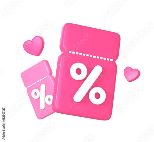 3d big promo discount coupon or voucher code with love icon illustration for UI UX web mobile apps social media ads