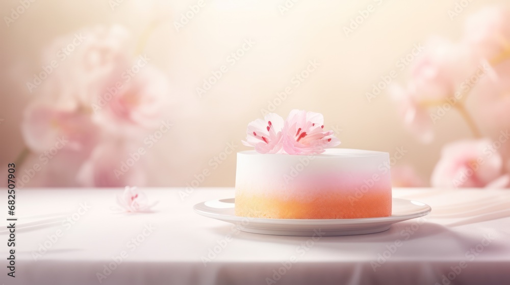 a close up of a cake on a plate on a table with pink flowers in the background and a blurry image of a table cloth with a white table cloth. a close up of a cake on a plate on a table with pink flowers in the background and a blurry image of a table cloth with a white table cloth.