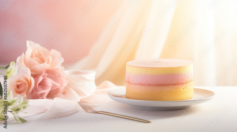  a cake sitting on top of a white plate next to a pink and yellow cake on top of a white plate next to a pink and white bouquet of flowers.