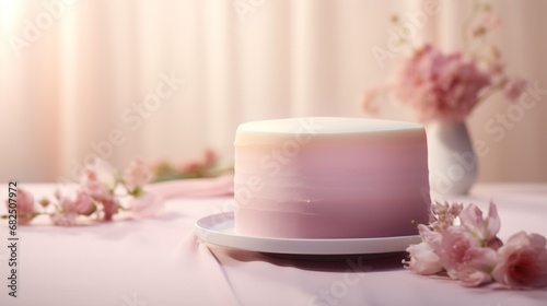  a pink cake sitting on top of a white plate next to a vase with pink flowers on top of a white table cloth covered with a light pink table cloth.