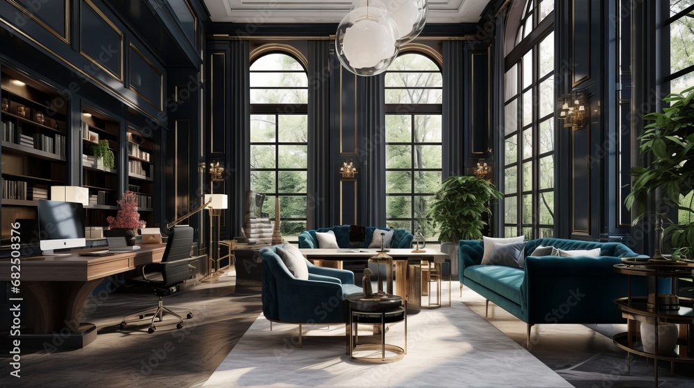 Luxurious Blue Velvet Office Interior with Modern Elegant Design