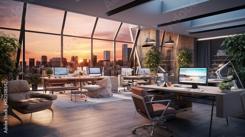 Modern Office Interior Overlooking City Skyline at Sunset