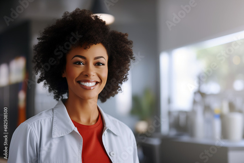 Smiling women dentist at work. Women dentist in her office. Black man. African American. Work. AI.