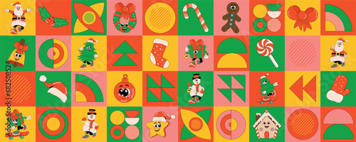 Christmas seamless pattern with elements of holiday icons Santa, Tree, snowman, gingerbread, star, ball. Modern vector illustration for wrapping paper, background, wallpaper, design, decoration.