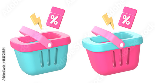 3d shopping basket with promo discount voucher and flash icon illustration for UI UX web mobile apps social media ads