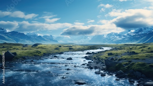  a river running through a lush green field under a blue sky with white clouds and mountains in the distance with green grass on both sides of the river and rocks on both sides.