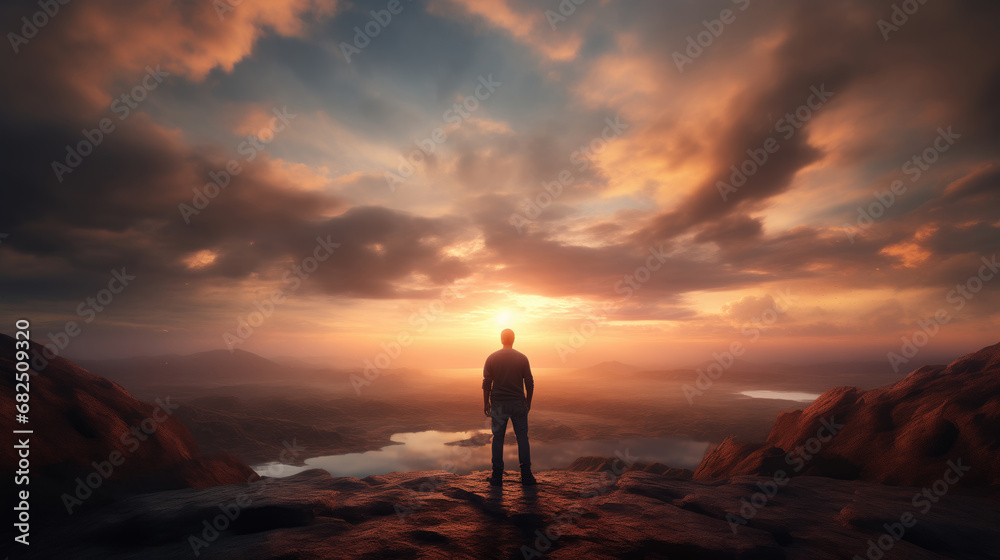 Man standing on top of a cliff looking at the sunset.