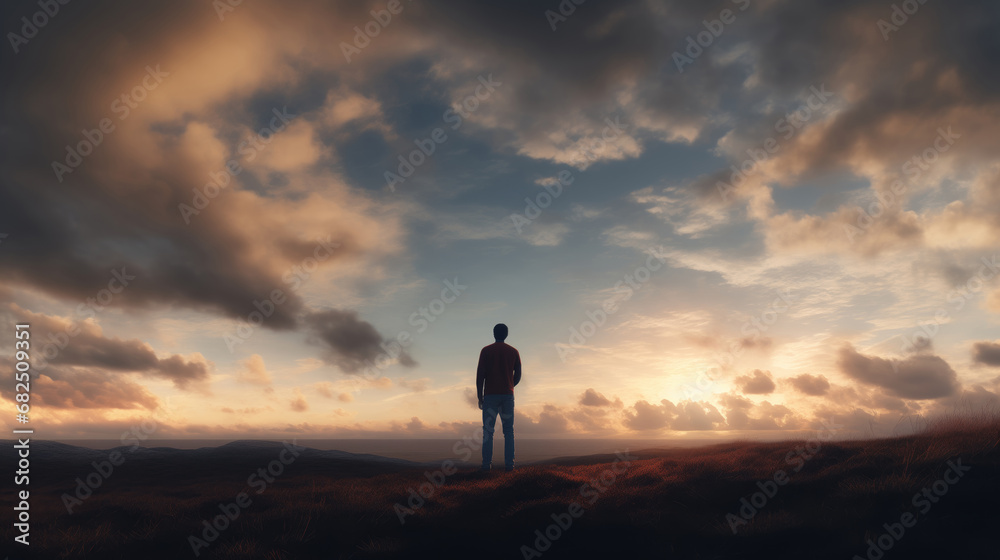 Man looking at the horizon with clouds in the sky.