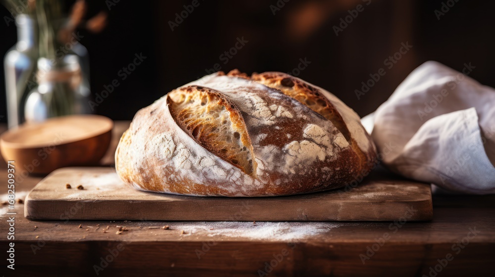 a loaf of bread sitting on top of a wooden cutting board next to a vase of flowers and a wooden cutting board with a loaf of bread on top of wood. a loaf of bread sitting on top of a wooden cutting board next to a vase of flowers and a wooden cutting board with a loaf of bread on top of wood.