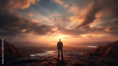 Man standing on top of a cliff looking at the sunset.