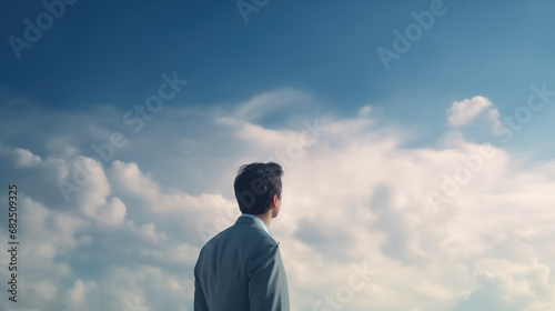 Back view of young businessman looking away against blue sky with white clouds