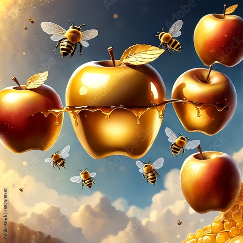 golden apples and bees flying