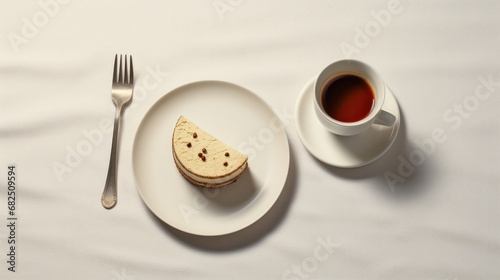  a white plate topped with a cut in half sandwich next to a cup of tea and a fork on top of a white table cloth covered with a white table cloth.