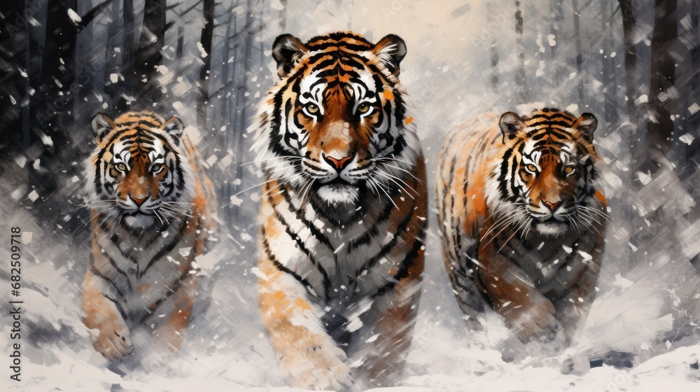 Obraz premium three tigers walking in the snow in front of a wooded area with snow on the ground and in the foreground, there are trees and snow on the ground.
