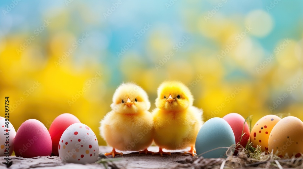 A playful background with bright yellow Easter chicks and colorful eggs,