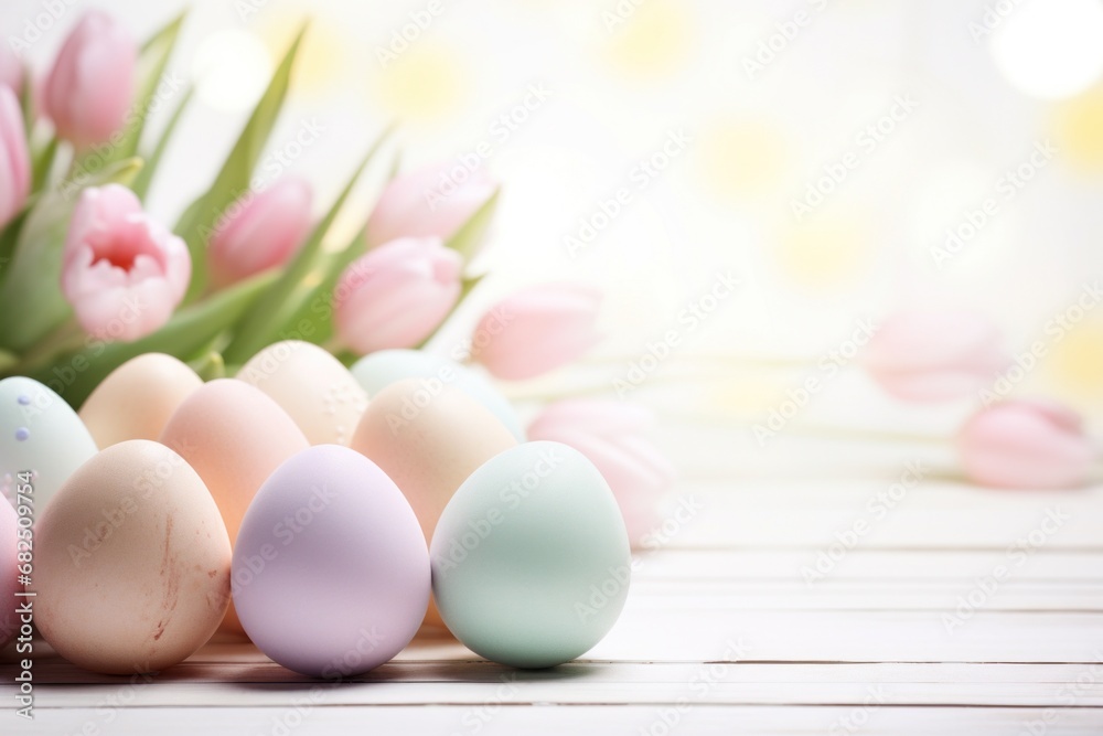 An elegant background featuring pastel-colored Easter eggs and beautiful tulips, An elegant background featuring pastel-colored Easter eggs and beautiful tulips,