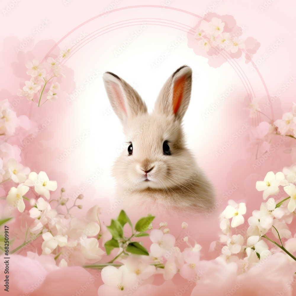 pink background with a cute and whimsical Easter bunny in the center, surrounded by spring flowers