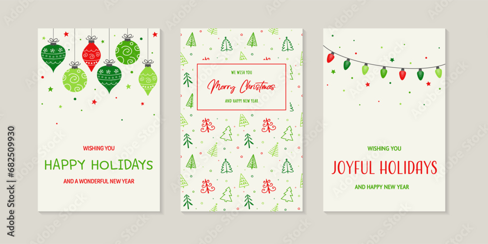 Hand drawn Christmas tree, ball and lights. Different greeting card set. Vector illustration