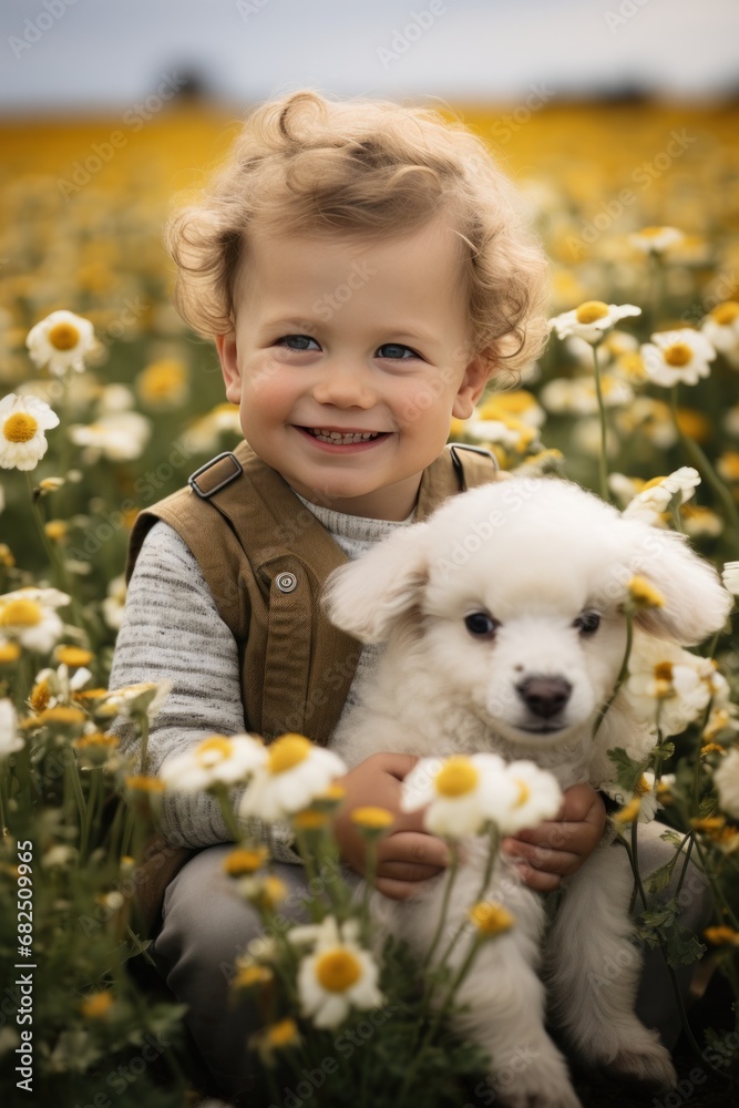 ittle boy sitting in a field of flowers with a baby lamb cuddled up next to him ittle boy sitting in a field of flowers with a baby lamb cuddled up next to him