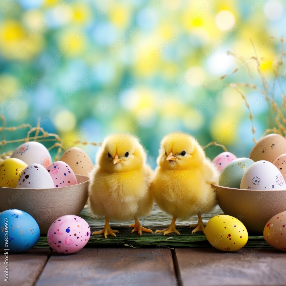 A playful background with bright yellow Easter chicks and colorful eggs,