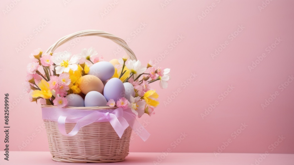 Easter basket filled with eggs andfluttering butterflies, set against a light pink background
