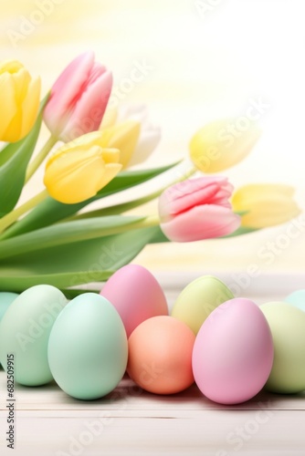 An elegant background featuring pastel-colored Easter eggs and beautiful tulips,
