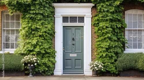  a green door in front of a brick building with ivy growing up the side of it and a lamp post on the side of the sidewalk in front of the building.