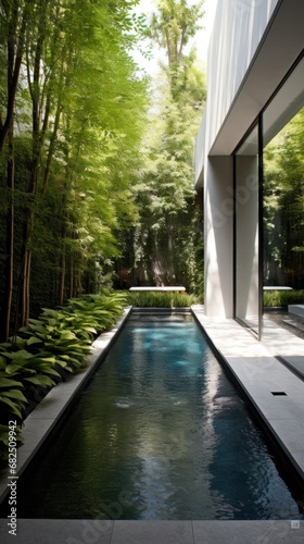 contemporary garden with a long, narrow pool surrounded by lush greenery © ArtCookStudio