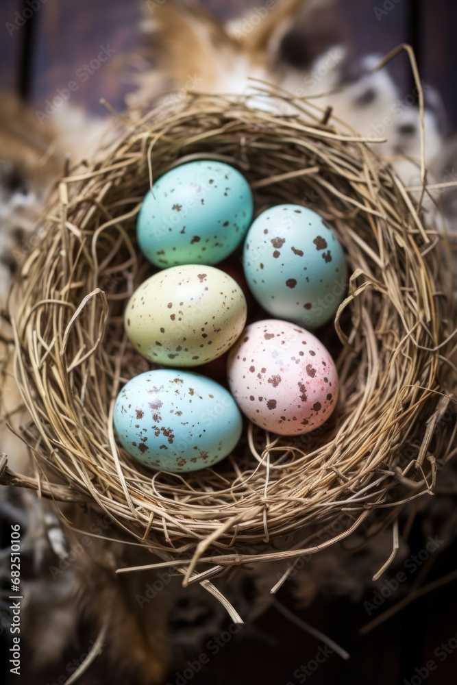 A rustic, natural background with a bird's nest filled with speckled Easter eggs A rustic, natural background with a bird's nest filled with speckled Easter eggs