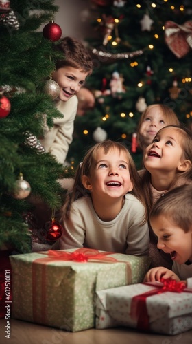 children excitedly looking at decorations and gifts under the Christmas tree.