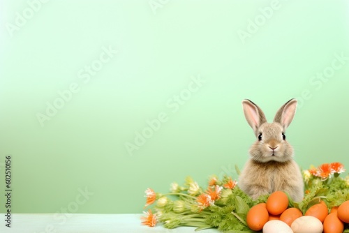 green background with a cute and whimsical Easter bunny in the center, surrounded by spring flowers