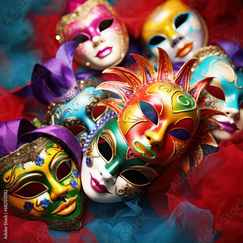 colorful carnival masks against a vibrant background,