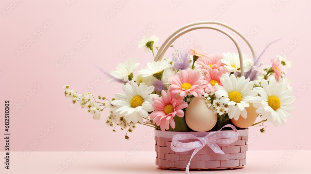 Easter basket filled with eggs andfluttering butterflies, set against a light pink background Easter basket filled with eggs andfluttering butterflies, set against a light pink background