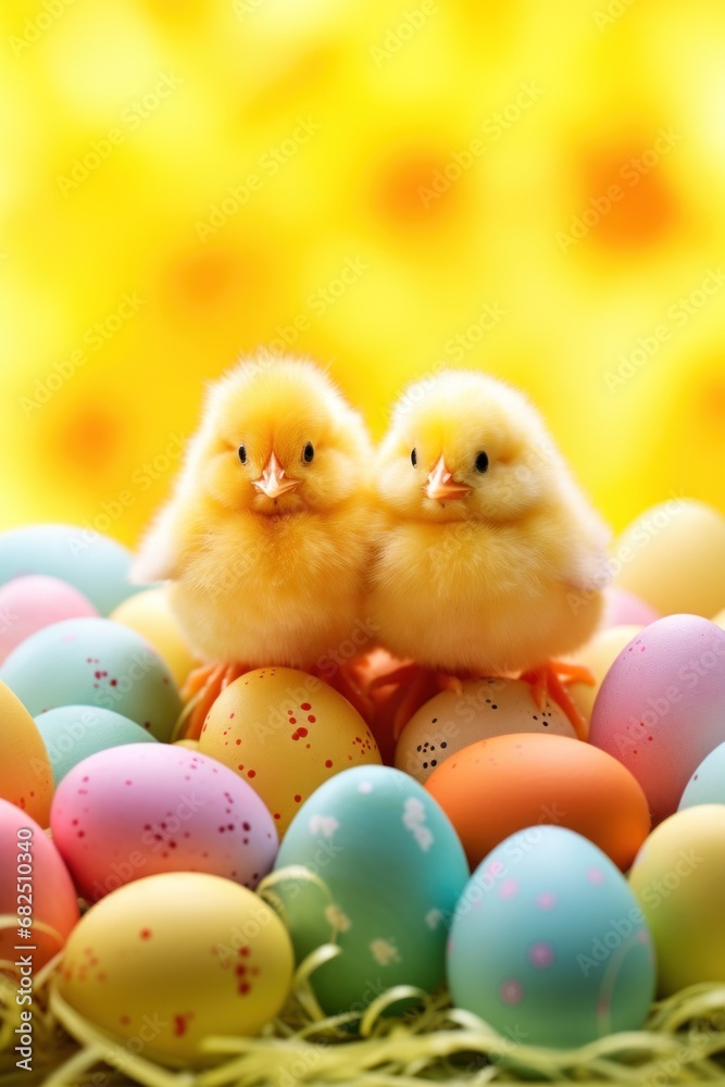 A playful background with bright yellow Easter chicks and colorful eggs,