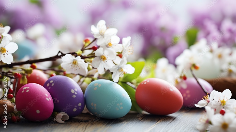 A beautiful background with colorful Easter eggs and blooming spring flowers, A beautiful background with colorful Easter eggs and blooming spring flowers,
