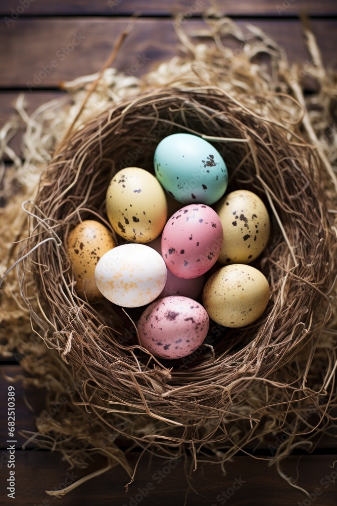 A rustic, natural background with a bird's nest filled with speckled Easter eggs A rustic, natural background with a bird's nest filled with speckled Easter eggs