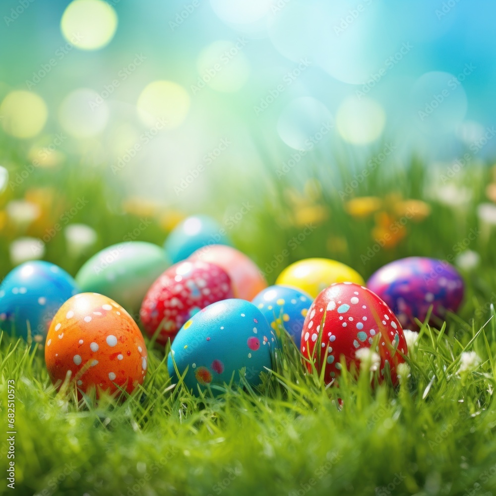 A vibrant green grass background with colorful Easter eggs scattered throughout A vibrant green grass background with colorful Easter eggs scattered throughout